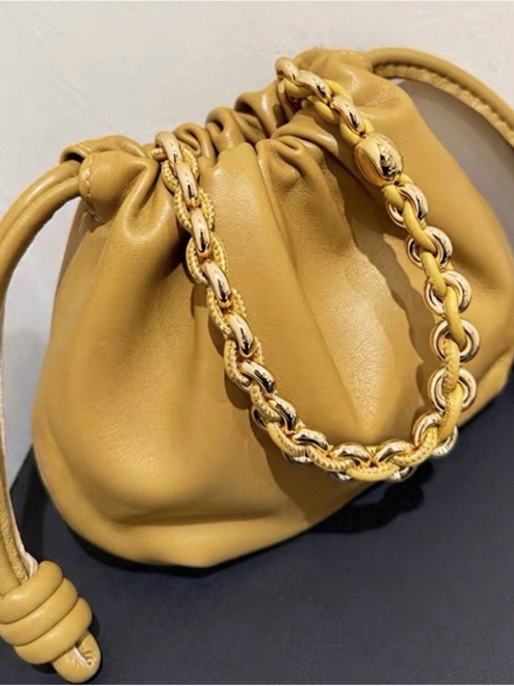 Leather Drawstring Chain Handle Shoulder Bag - Mustard Yellow
